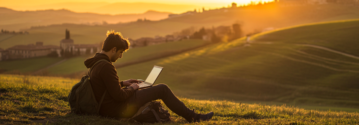 Startupper che lavora tra le colline marchigiane