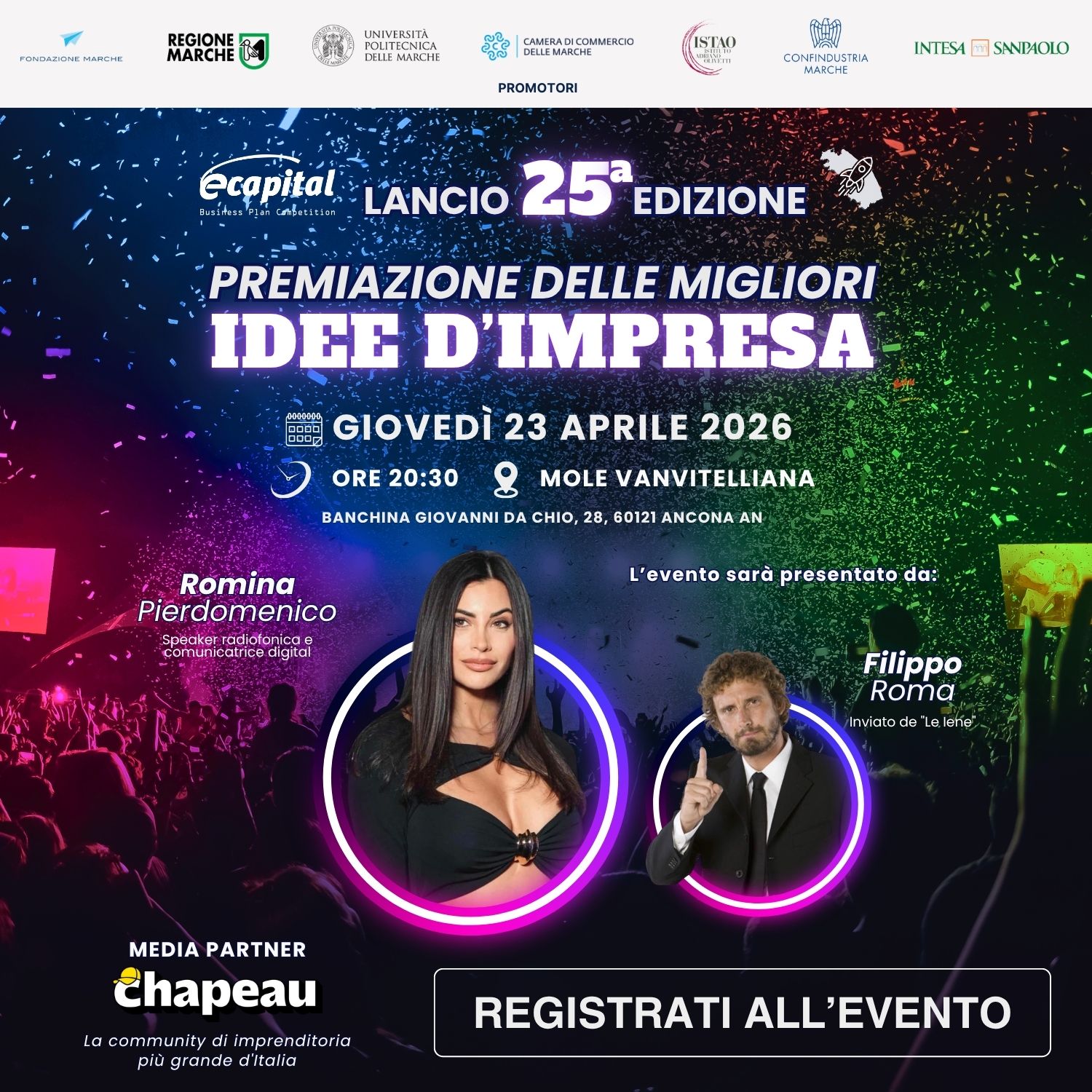 Banner quadrato evento eCapital 23 aprile con Romina Pierdomenico e Filippo Roma